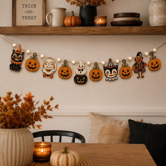 Retro Halloween Faces Wooden Garland, Black Cat Pumpkin Ghost Clown and Scarecrow Banner, Vintage Spooky Mantel and Wall Hanging Home Decor