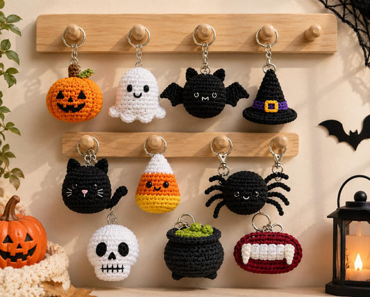 Halloween Crochet Keychain,Cute Ghost Pumpkin Bat Cat Spider Candy Corn Skull Witch Cauldron Vampire Fangs,Halloween Bag Charm, Gift for her