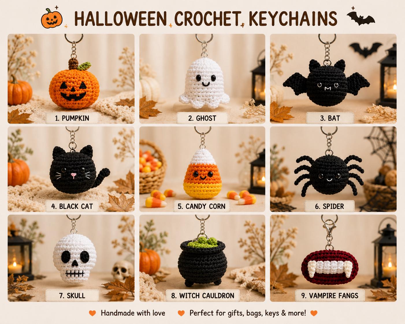 Halloween Crochet Keychain,Cute Ghost Pumpkin Bat Cat Spider Candy Corn Skull Witch Cauldron Vampire Fangs,Halloween Bag Charm, Gift for her