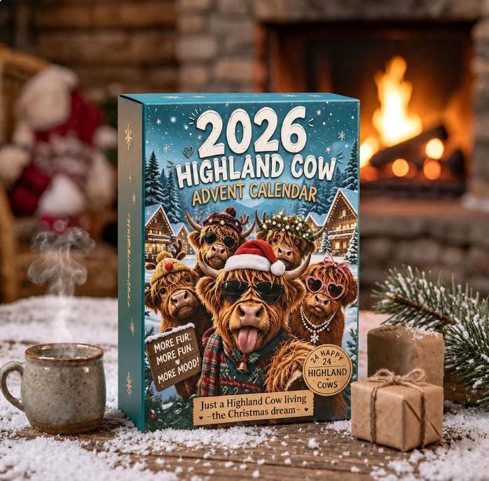 Highland Cow Advent Calendar 2026, 24 Day Christmas Countdown, 3D Mini Cow Figures