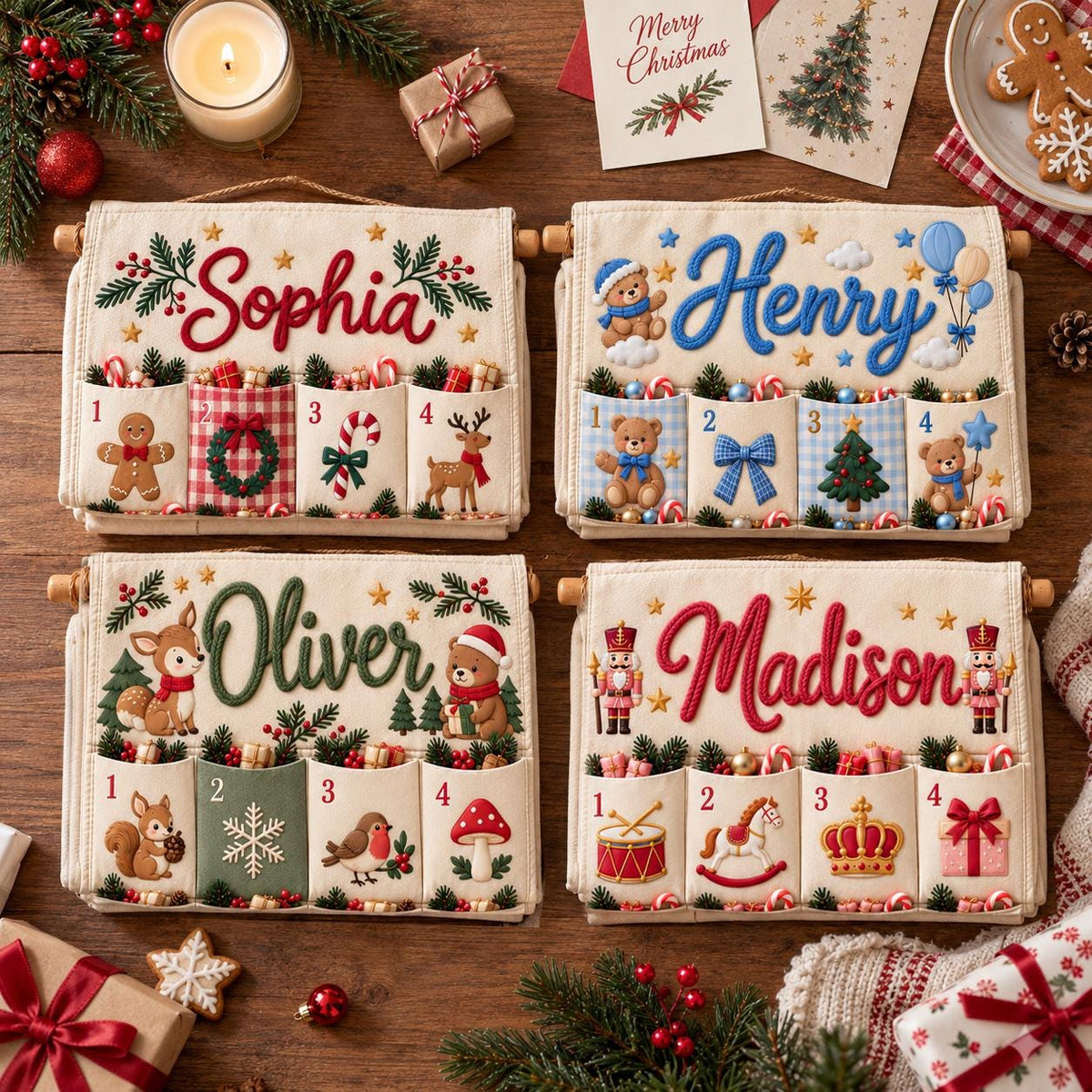Personalized Christmas Advent Calendar – 24 Fillable Fabric Pockets