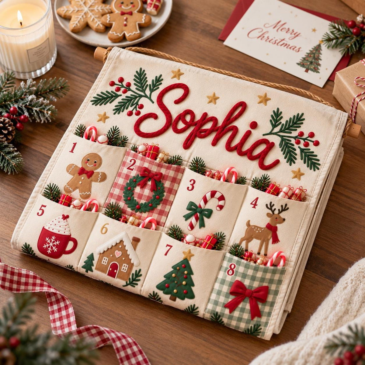 Personalized Christmas Advent Calendar – 24 Fillable Fabric Pockets
