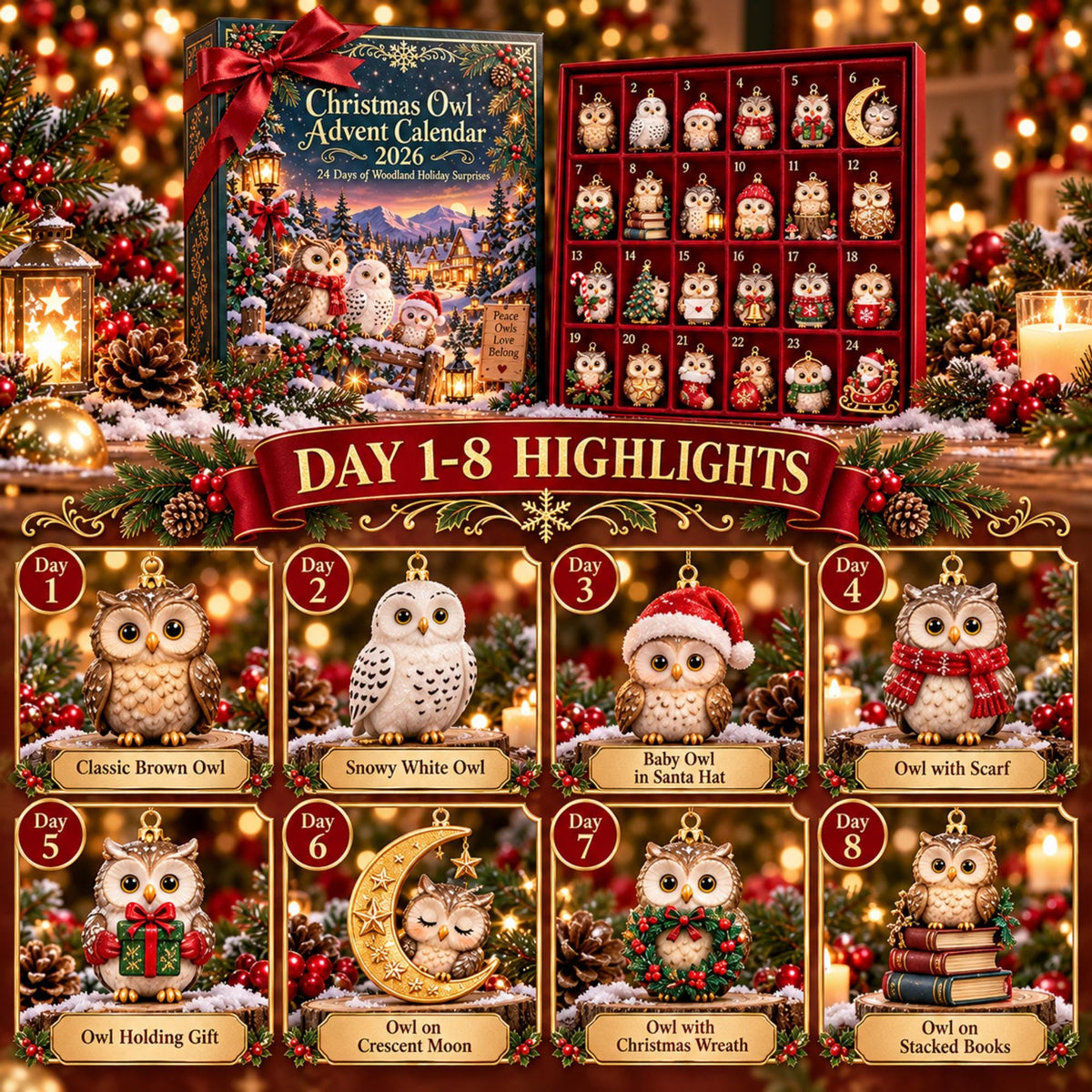 2026 Christmas Owl Advent Calendar – 24 Woodland Owl Ornaments
