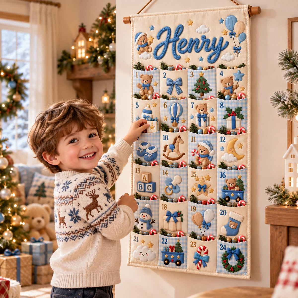 Personalized Christmas Advent Calendar – 24 Fillable Fabric Pockets