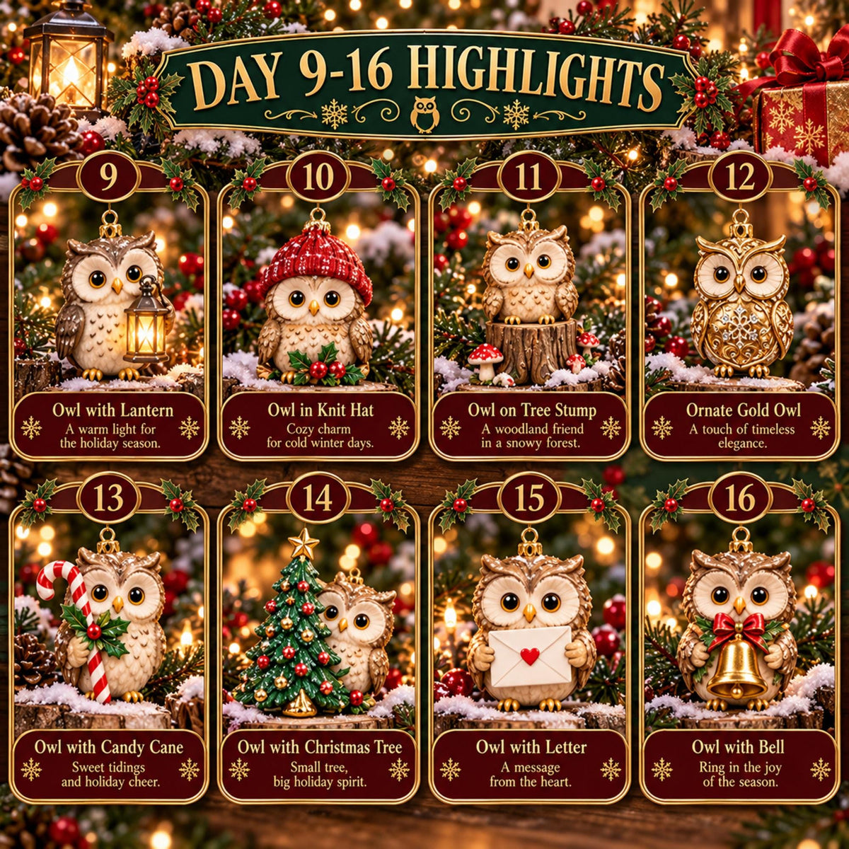 2026 Christmas Owl Advent Calendar – 24 Woodland Owl Ornaments