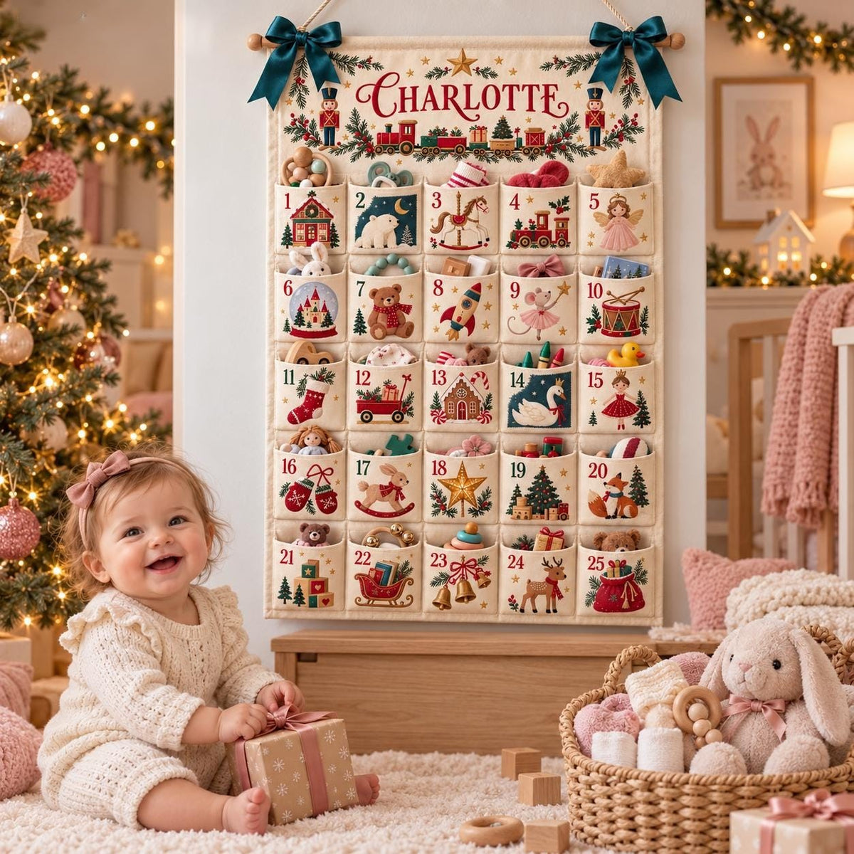 Custom Name Fabric Advent Calendar – 24-Pocket Christmas Wall Decor