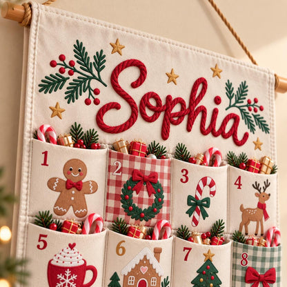 Personalized Christmas Advent Calendar – 24 Fillable Fabric Pockets