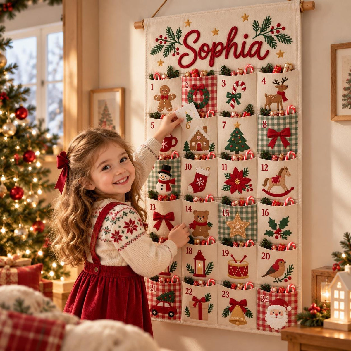 Personalized Christmas Advent Calendar – 24 Fillable Fabric Pockets