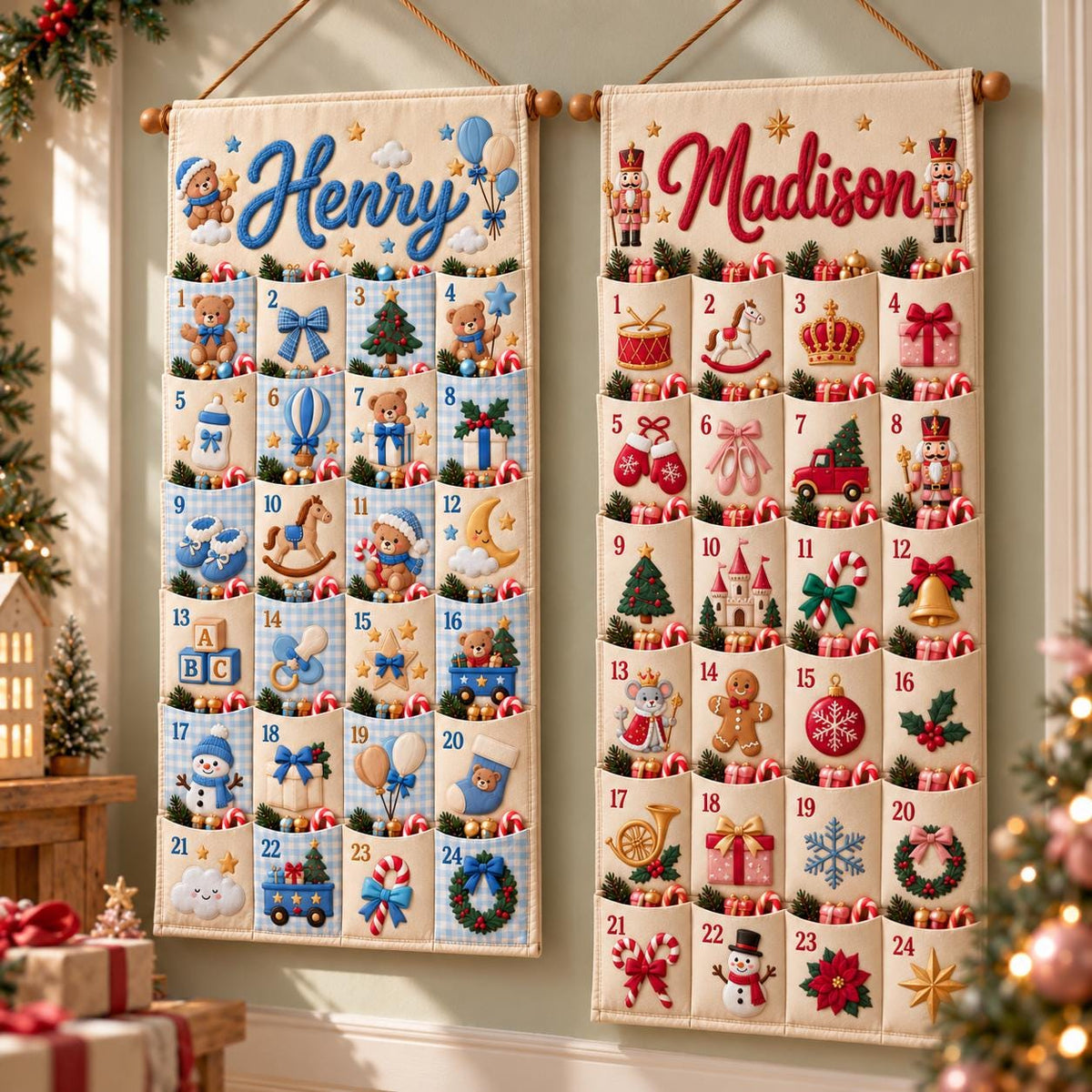 Personalized Christmas Advent Calendar – 24 Fillable Fabric Pockets