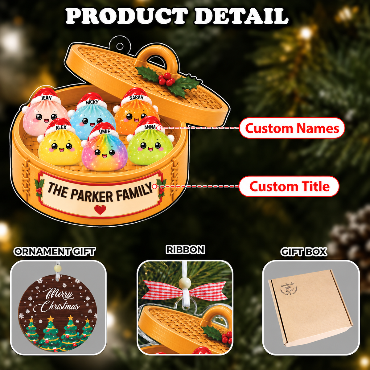 Personalized Glitter Dumpling Ornament,Dim Sum Acrylic Family Ornament