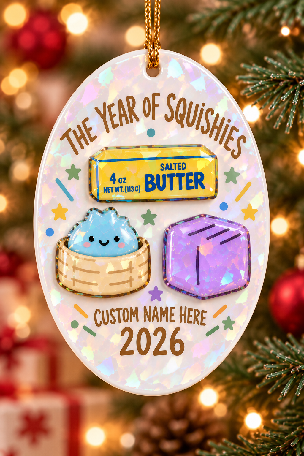 Personalized Squishy Ornament 2026, Broken Glass Hologram Christmas Keepsake