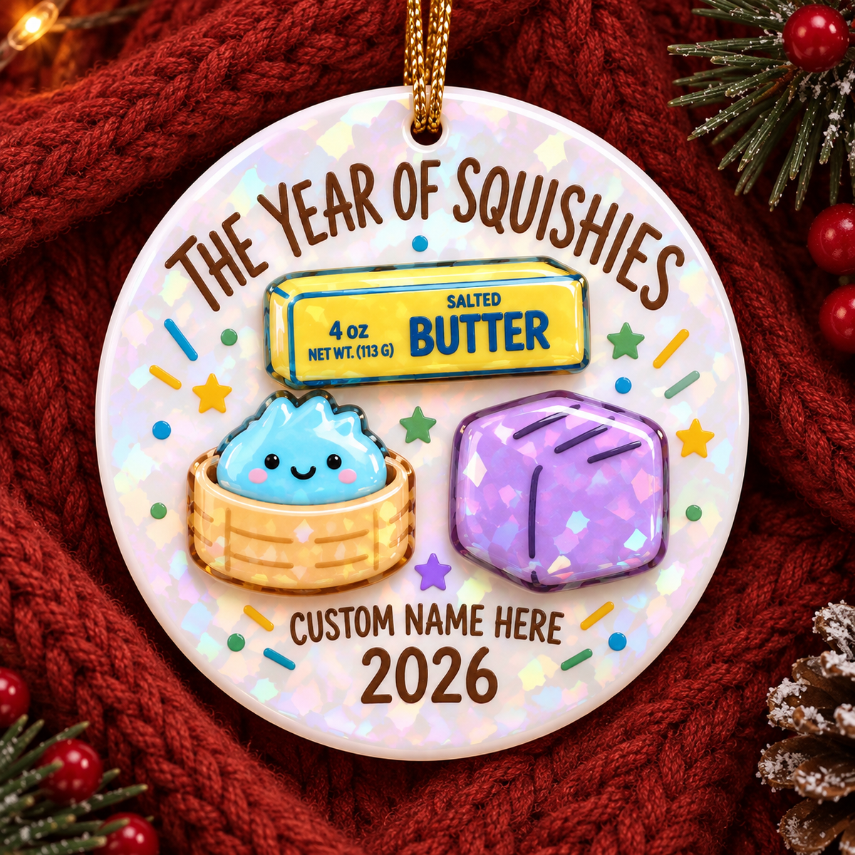 Personalized Squishy Ornament 2026, Broken Glass Hologram Christmas Keepsake