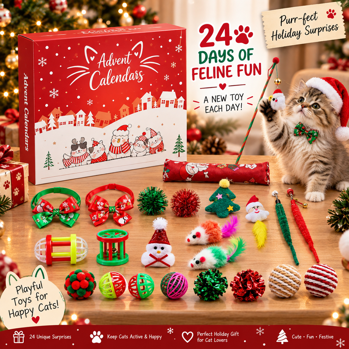 Cat Advent Calendar 2026, 24 Day Christmas Countdown with Cat Toys
