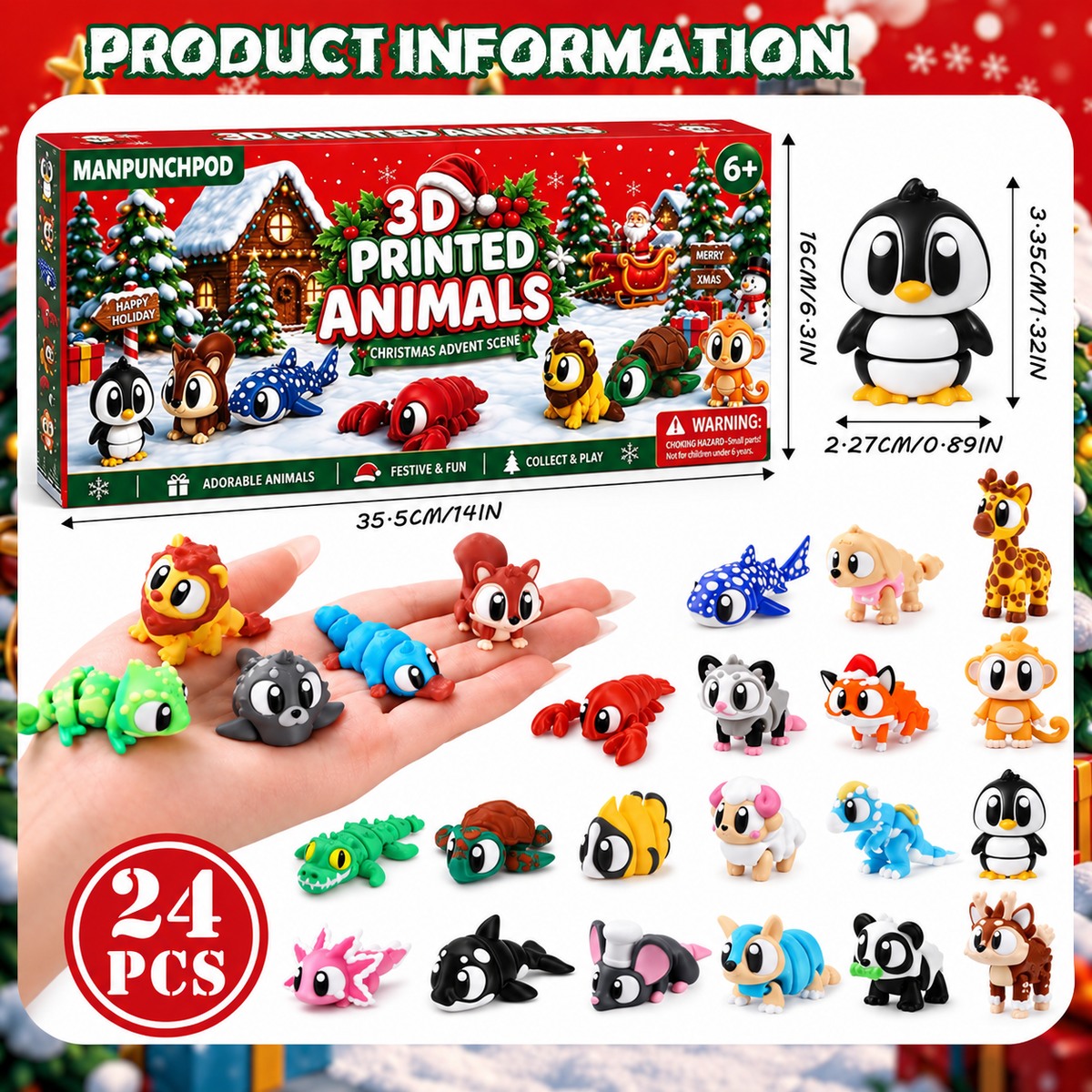 2026 Christmas Advent Calendar with Mini 3D Printed Animals Toys