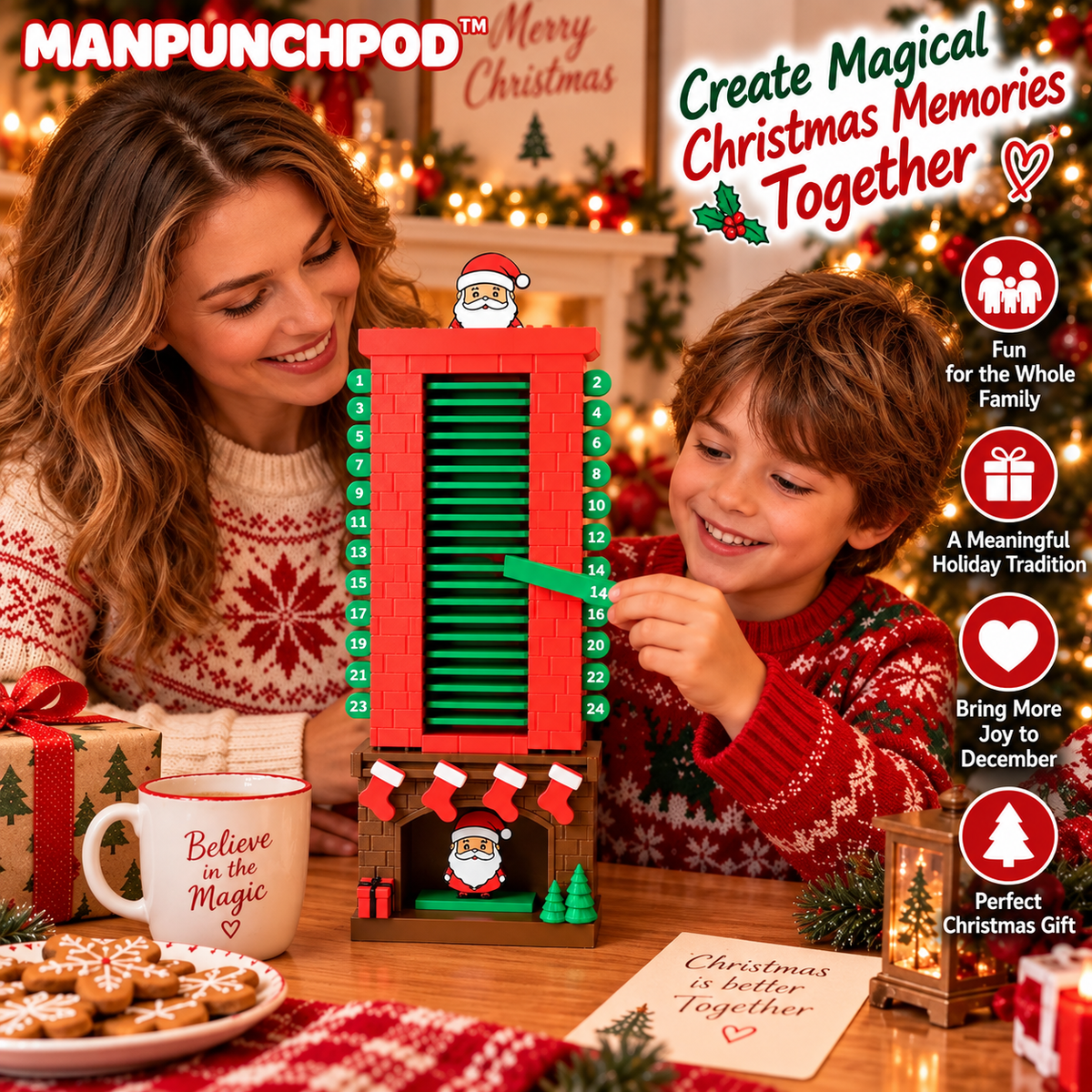 MANPUNCHPOD™ Santa Christmas Countdown Advent Calendar – 24-Day Interactive Fireplace Countdown Decoration