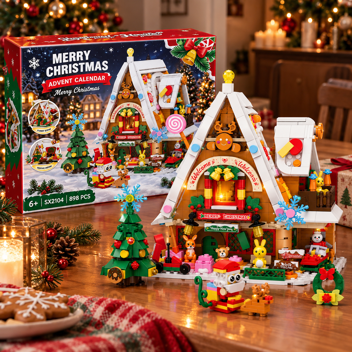 Christmas Building Block Advent Calendar 2026, 898 PCS Christmas House Building Set with Lights