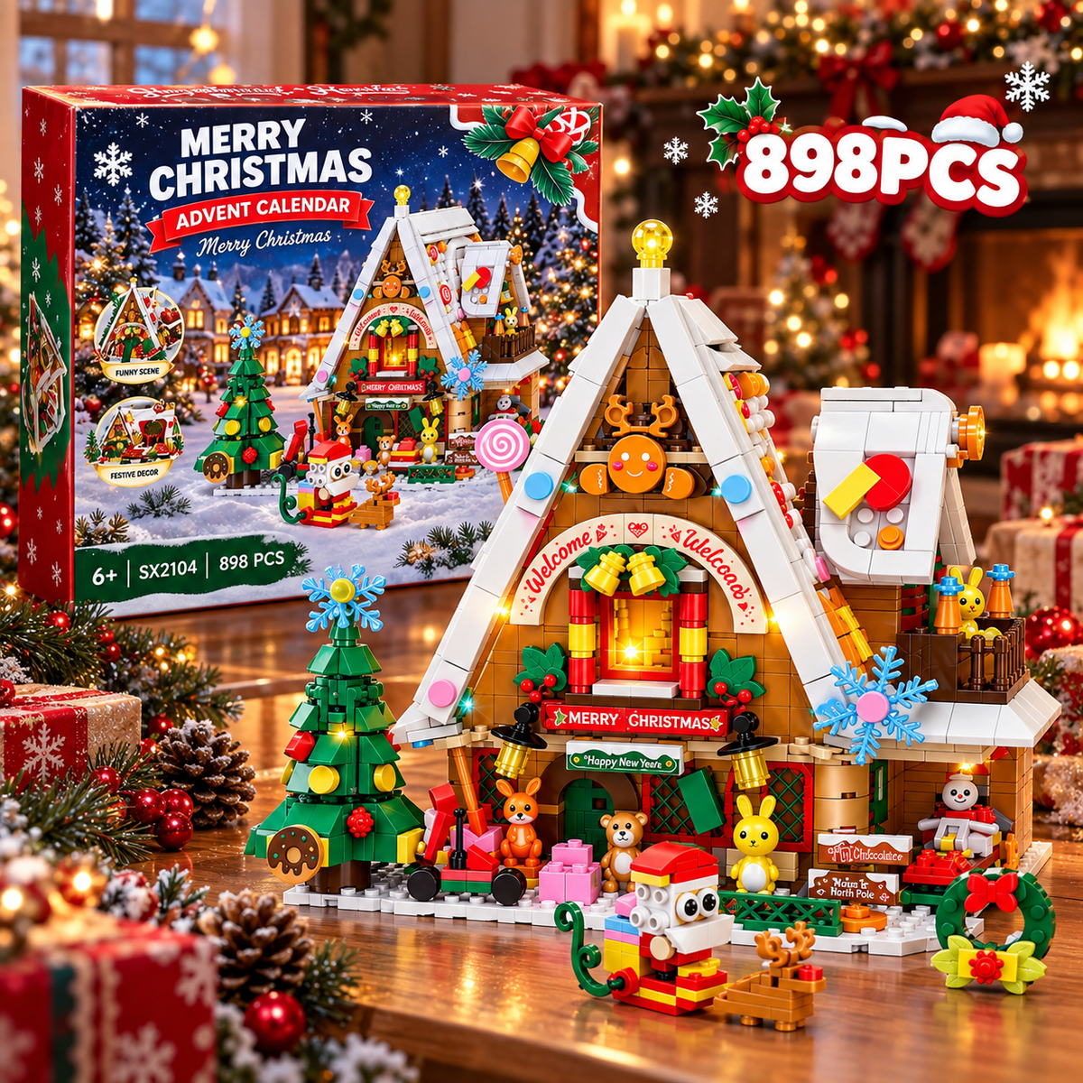 Christmas Building Block Advent Calendar 2026, 898 PCS Christmas House Building Set with Lights