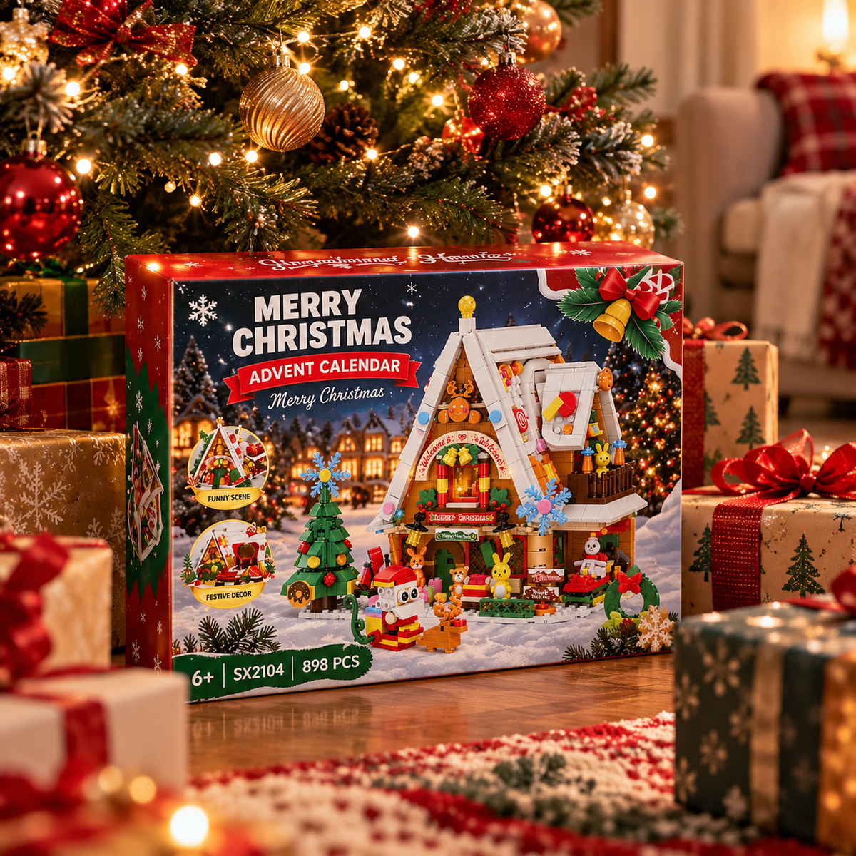 Christmas Building Block Advent Calendar 2026, 898 PCS Christmas House Building Set with Lights