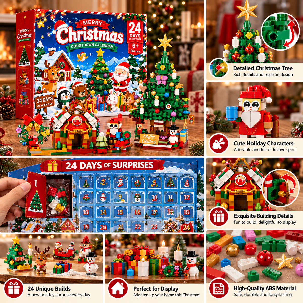 Christmas Building Block Advent Calendar 2026, 864 PCS 24 Day Countdown Building Set, Christmas Tree & Holiday Village Gift for Kids