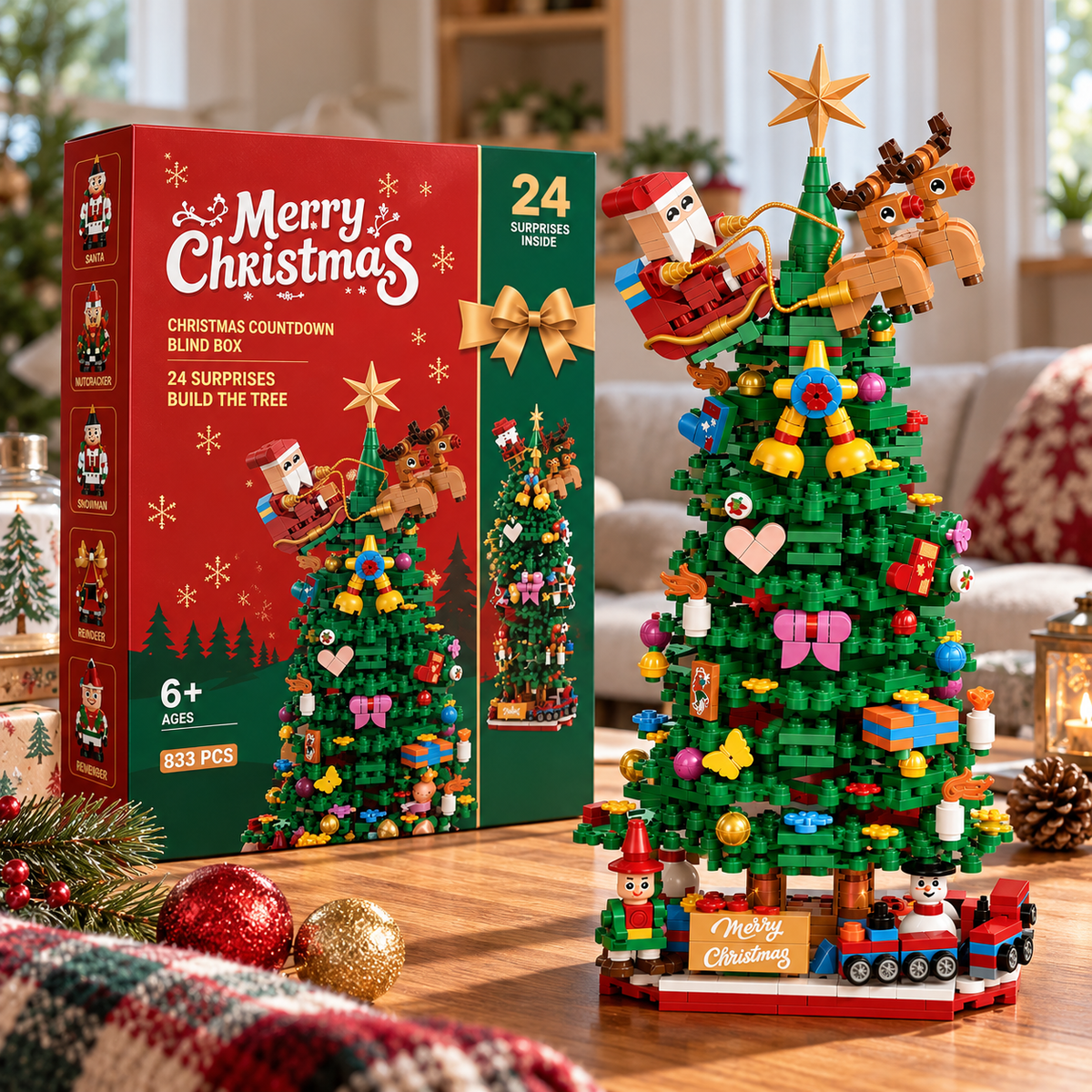Christmas Tree Advent Calendar 2026, 24 Day Building Block Countdown, 833 PCS Christmas Tree Building Set, Holiday Gift for Kids