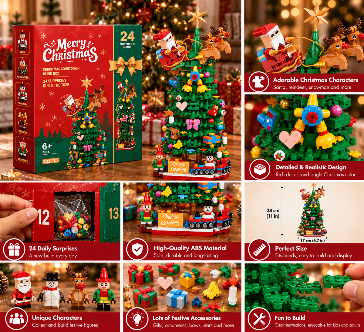 Christmas Tree Advent Calendar 2026, 24 Day Building Block Countdown, 833 PCS Christmas Tree Building Set, Holiday Gift for Kids