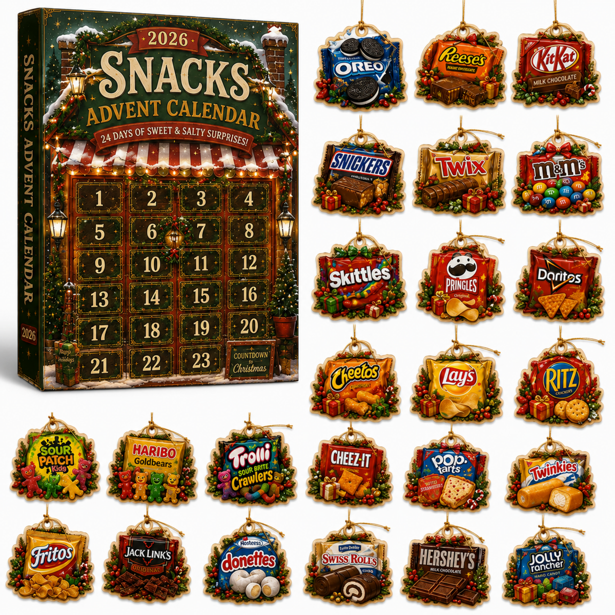 Snack Advent Calendar 2026, 24 Christmas Snack Ornaments
