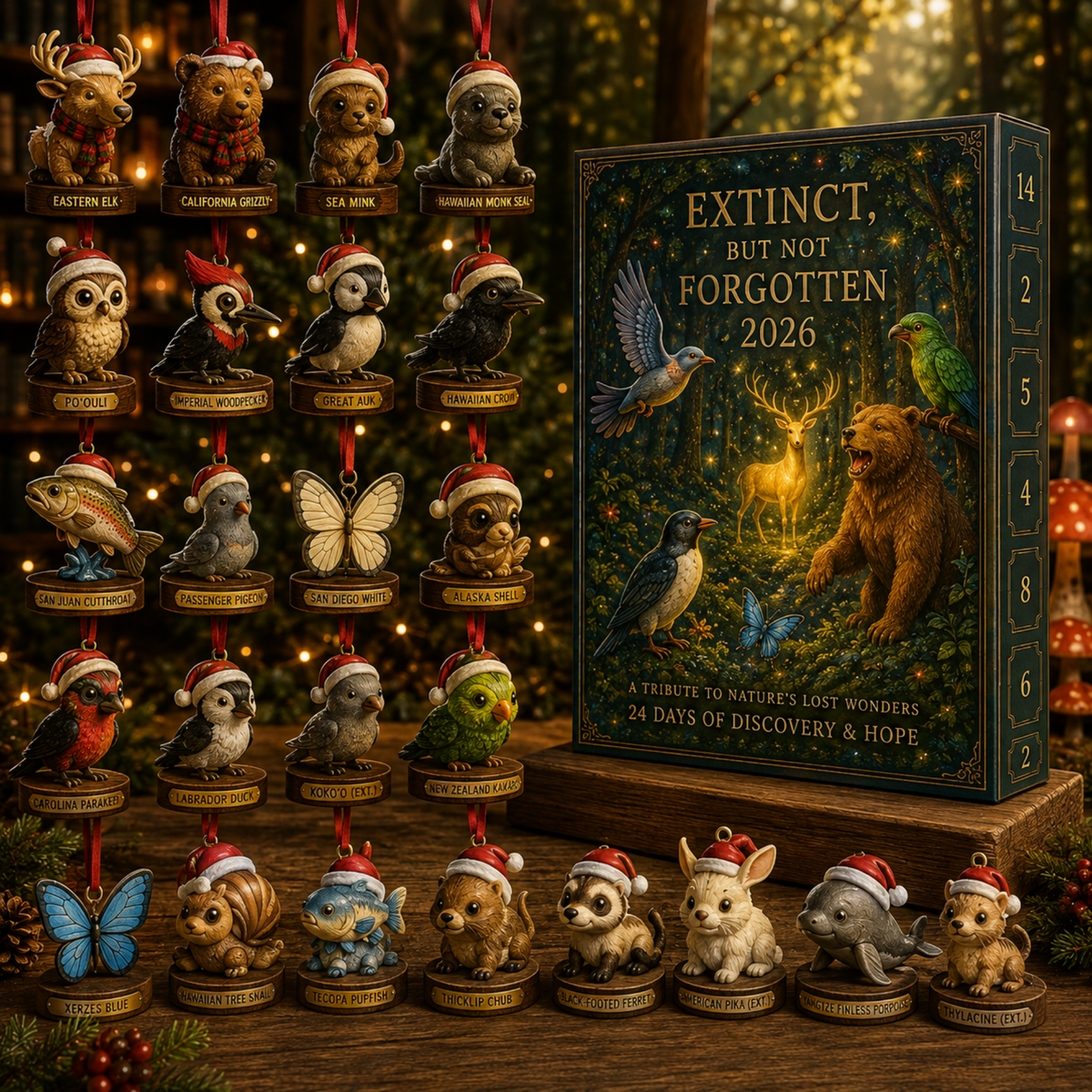 Extinct Animals Advent Calendar 2026, 24 Wildlife Christmas Ornaments