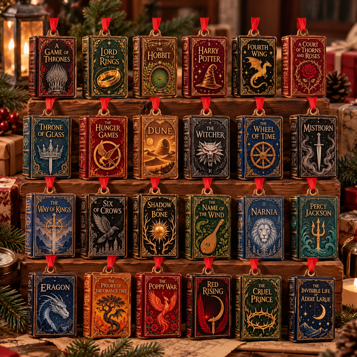 Fantasy Books Advent Calendar 2026, 24 Mini Book Wooden Ornaments