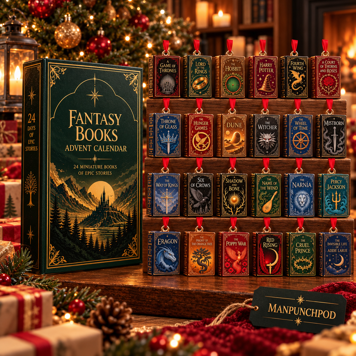 Fantasy Books Advent Calendar 2026, 24 Mini Book Wooden Ornaments