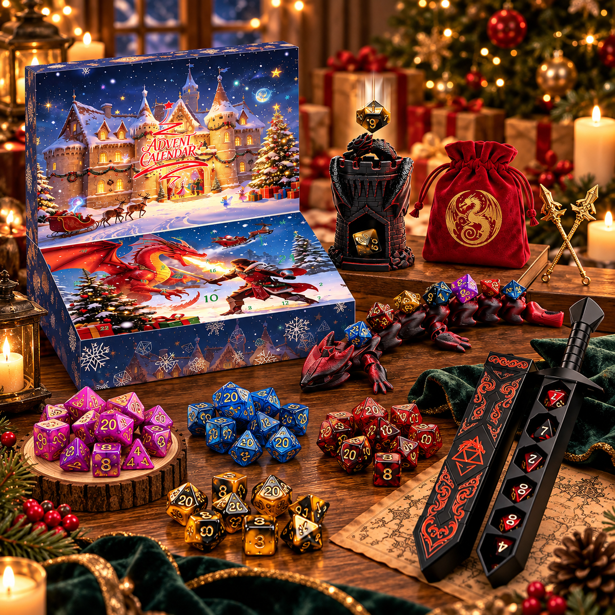 Advent Calendar 2026 DND Dice Set with 3D Printed Dargon, Dice Tower, Sword