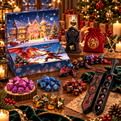 Advent Calendar 2026 DND Dice Set with 3D Printed Dargon, Dice Tower, Sword