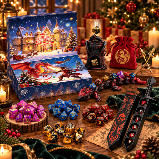 Advent Calendar 2026 DND Dice Set with 3D Printed Dargon, Dice Tower, Sword