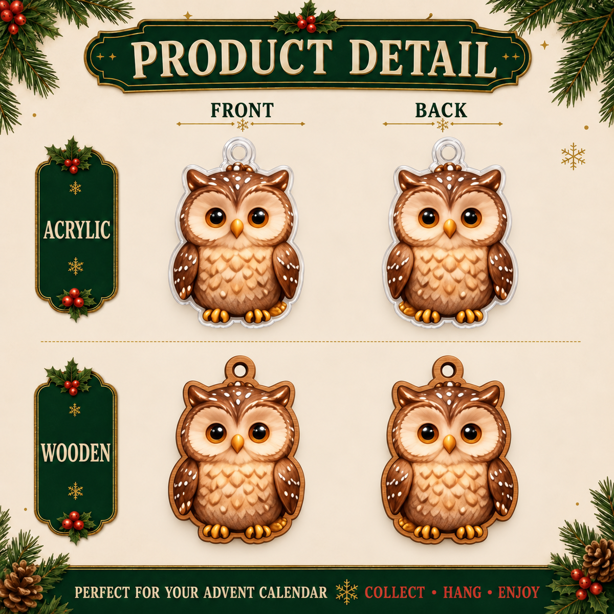 2026 Christmas Owl Advent Calendar – 24 Woodland Owl Ornaments