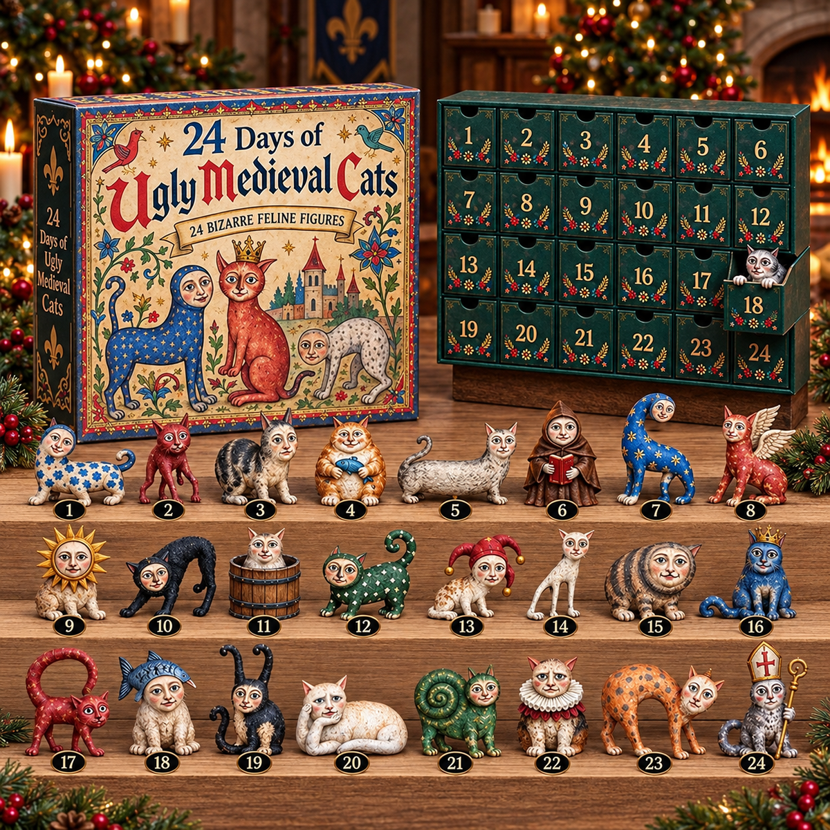 Ugly Medieval Cats Advent Calendar – 24 Quirky Feline Ornaments