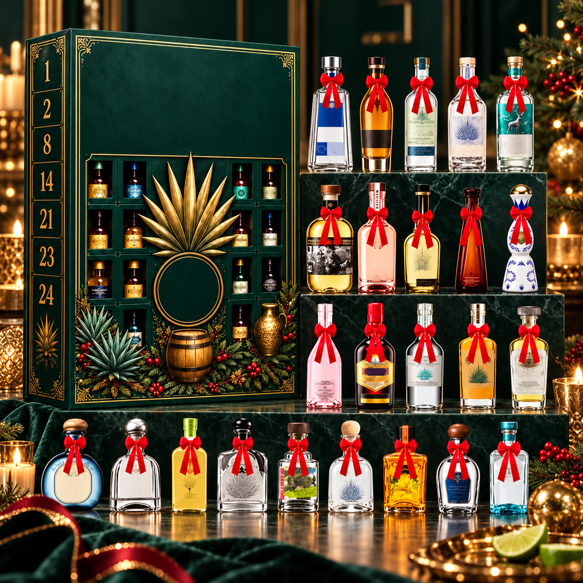 24-Day Mini Tequila Bottle Advent Blind Box for Holiday Celebration, Bar Table Decor, Collector Gift & Family Countdown