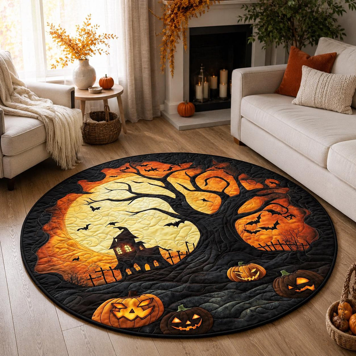 Halloween Haunted Tree Rug, Round Pumpkin Moon Area Rug