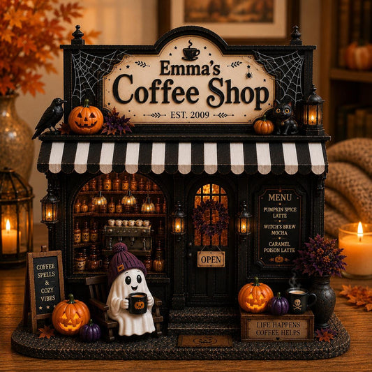 Personalized Ghost Coffee Shop Wood Sign, Spooky Halloween Shelf Decor