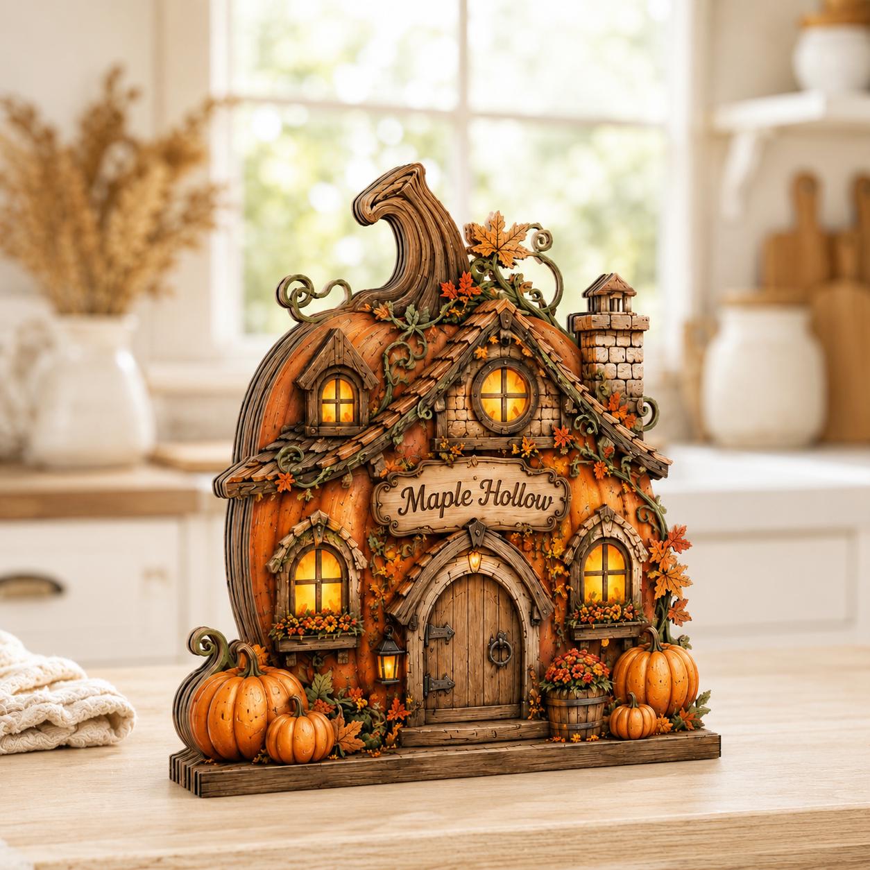 Personalized Pumpkin House Wood Block, Rustic Fall Harvest Decor