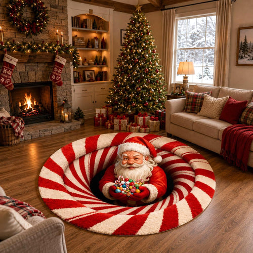 3D Santa Candy Cane Christmas Round Rug