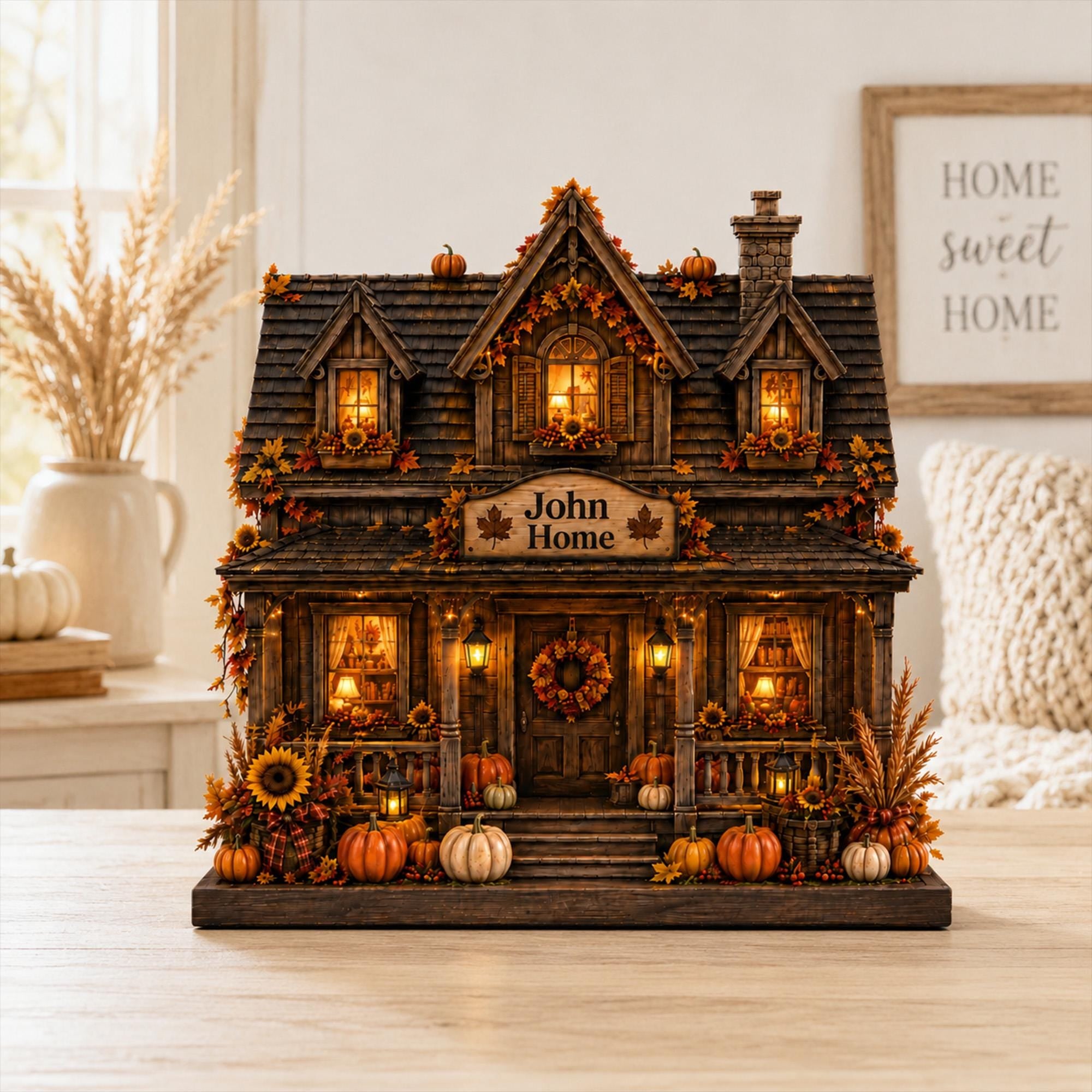 Personalized Fall House Wood Block, Custom Family Name Autumn Decor