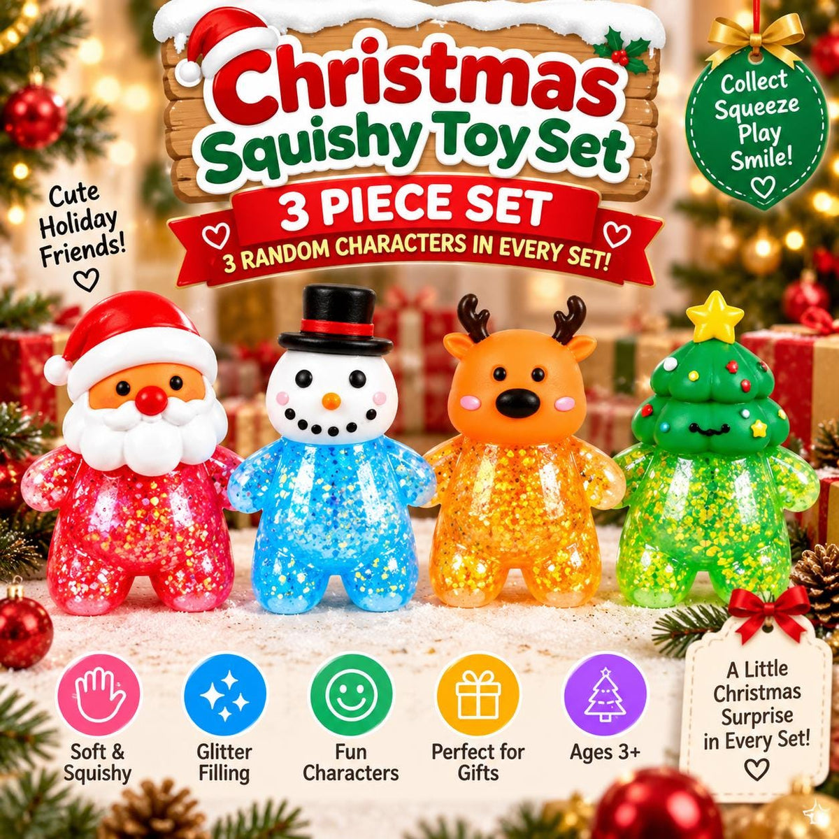 Christmas Squishy Toy Set, 3 Holiday Character Squishie