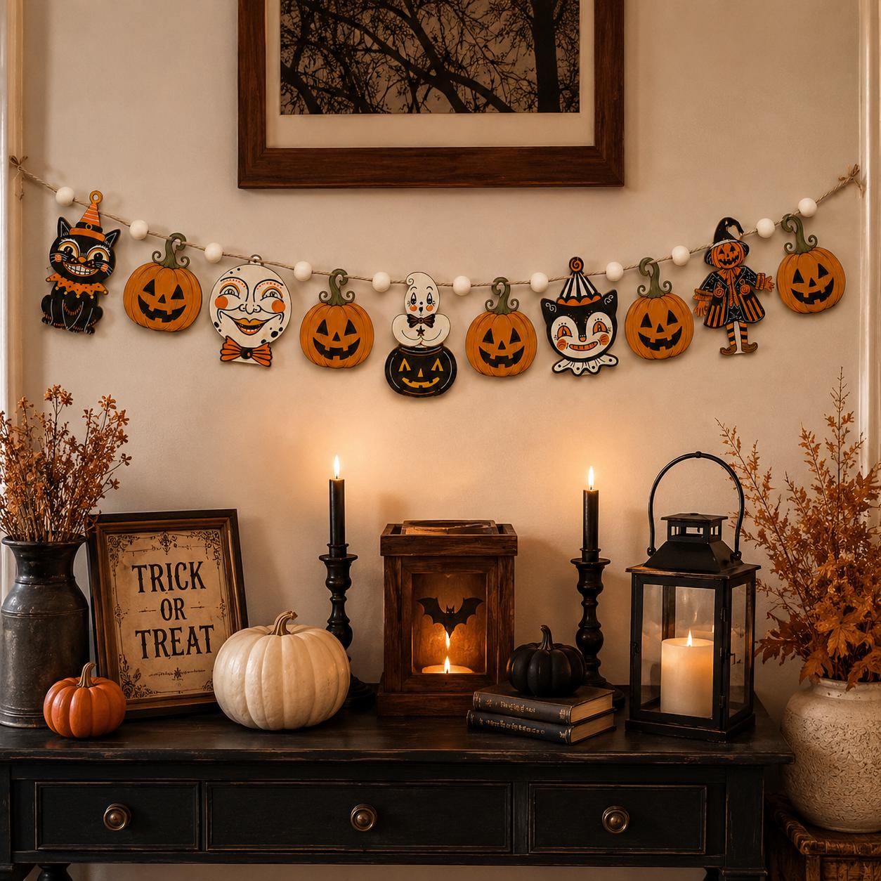 Retro Halloween Faces Wooden Garland, Black Cat Pumpkin Ghost Clown and Scarecrow Banner, Vintage Spooky Mantel and Wall Hanging Home Decor