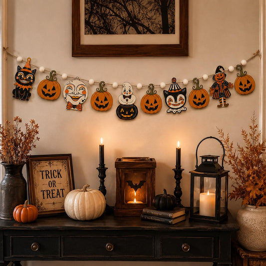 Retro Halloween Faces Wooden Garland, Black Cat Pumpkin Ghost Clown and Scarecrow Banner, Vintage Spooky Mantel and Wall Hanging Home Decor
