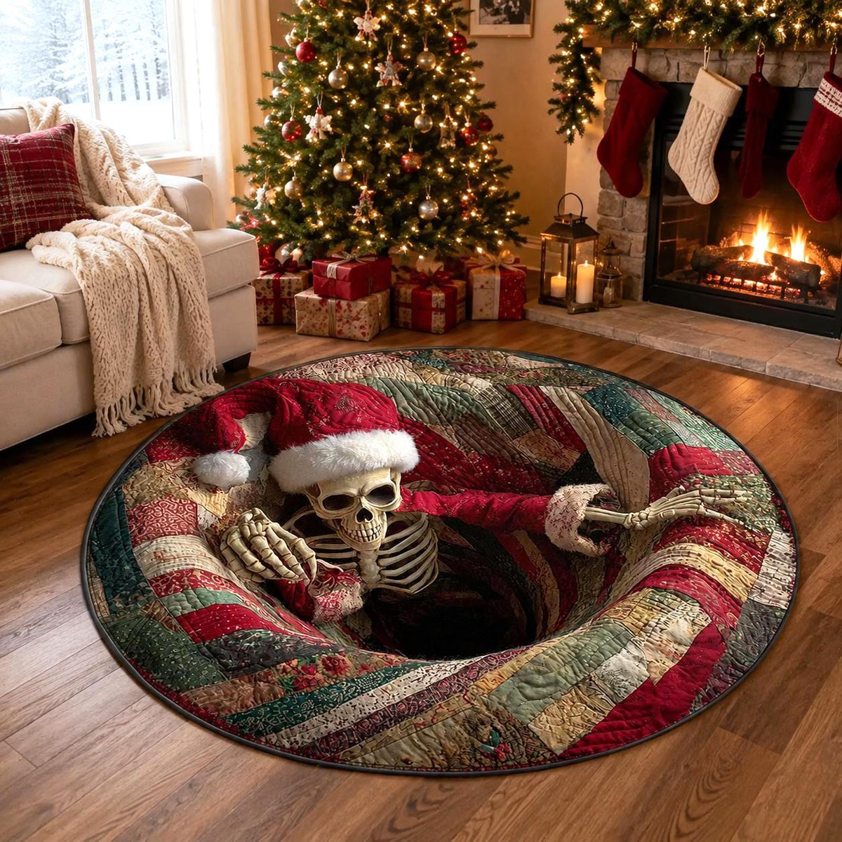 3D Christmas Skeleton Round Rug