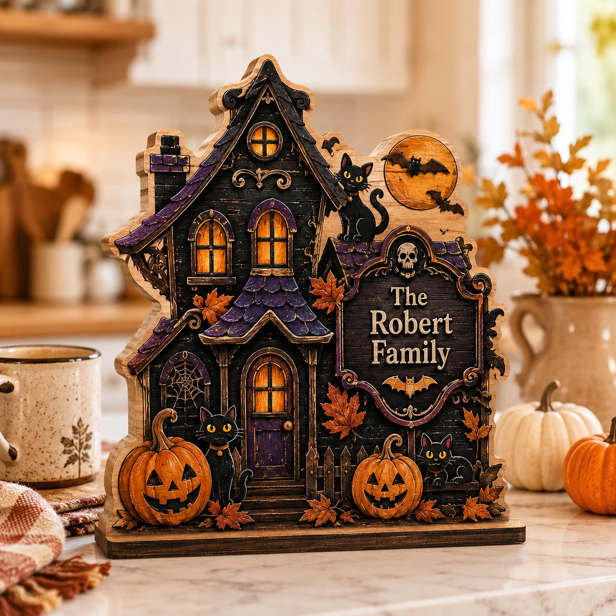 Personalized Black Cat Haunted House Wood Block, Family Halloween Decor