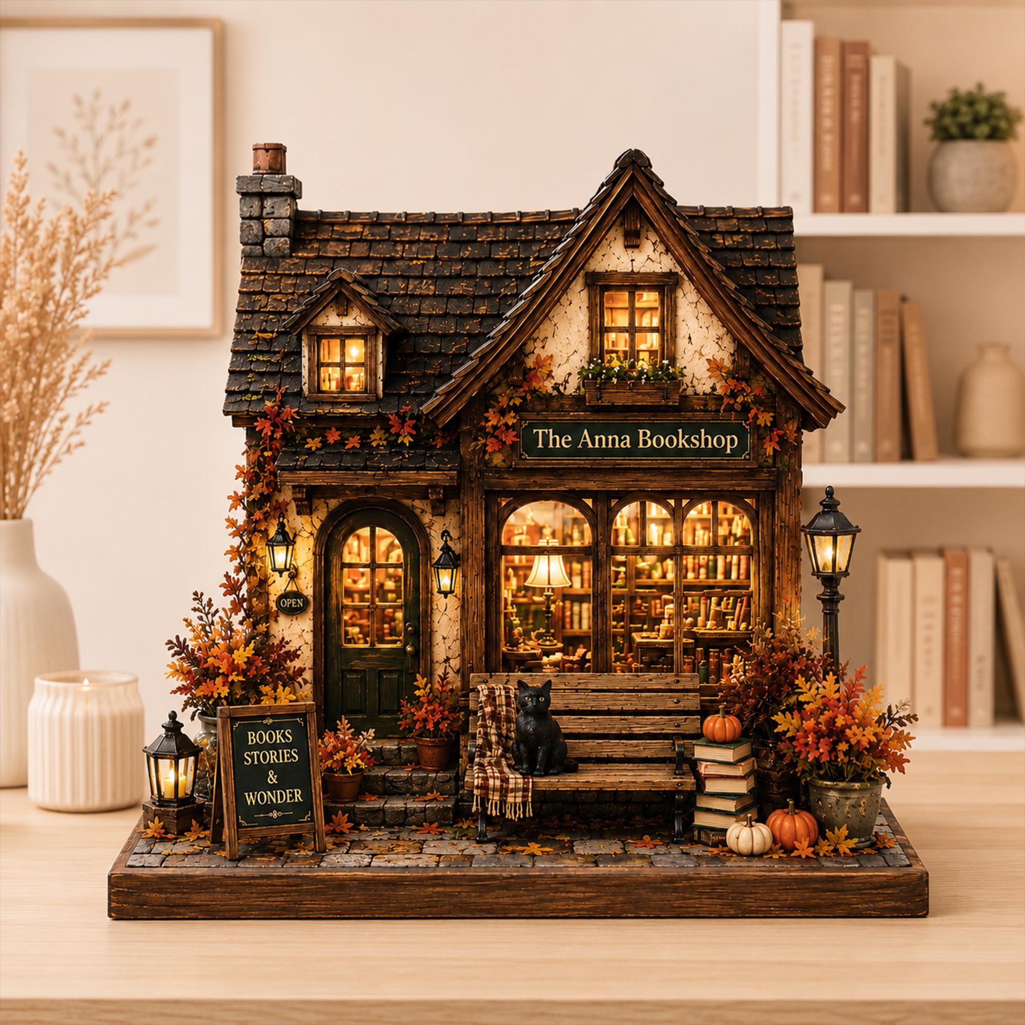 Personalized Fall Bookshop Wood Block, Cozy Autumn House Shelf Decor
