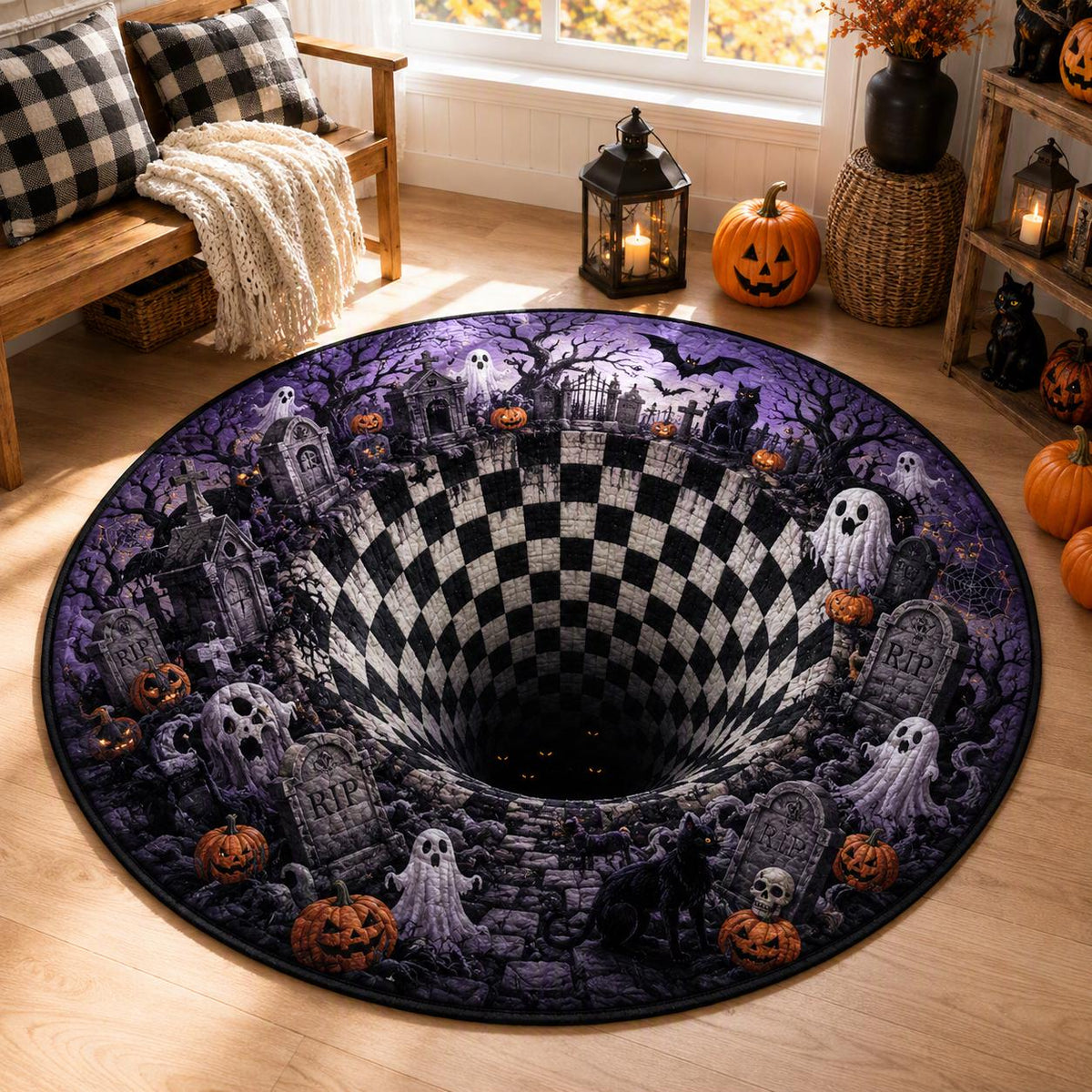 3D Haunted Graveyard Halloween Round Rug