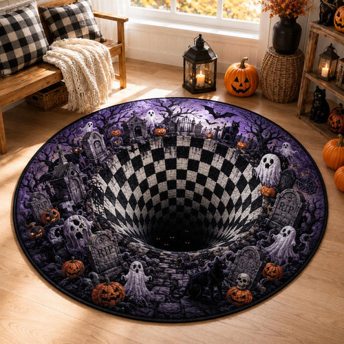3D Haunted Graveyard Halloween Round Rug