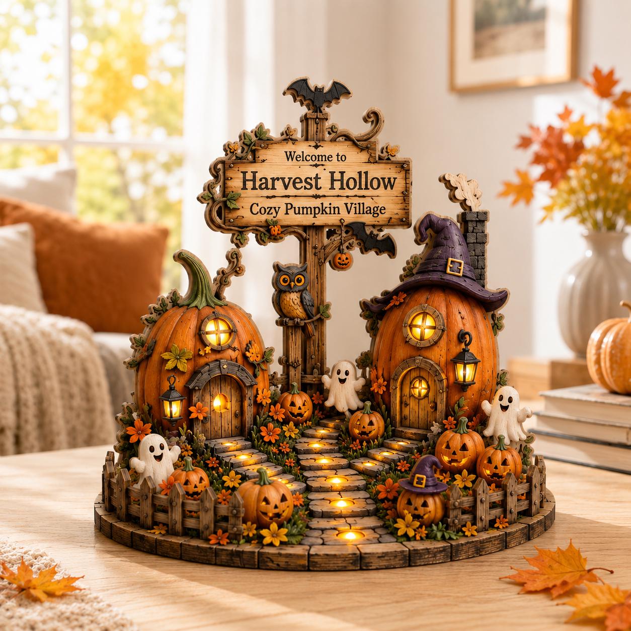 Halloween Pumpkin Village Wood Block, Cozy Fall Harvest Shelf Decor