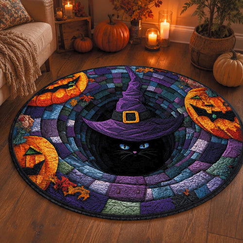 3D Black Cat Witch Halloween Round Rug